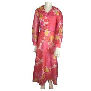 Vintage 1970s Pink Floral Maxi Dress Long Sleeve Flower Power Boho Size XL